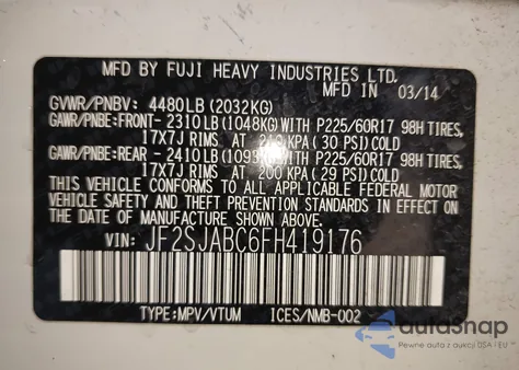 2015 Subaru Forester 2.5I from USA, damaged, VIN JF2SJABC6FH419176